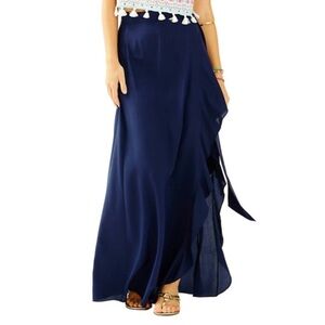 Lilly Pulitzer Women’s Berdine Navy 100% Silk Ruffle Wrap Maxi Skirt‎ Sz 4 NWT